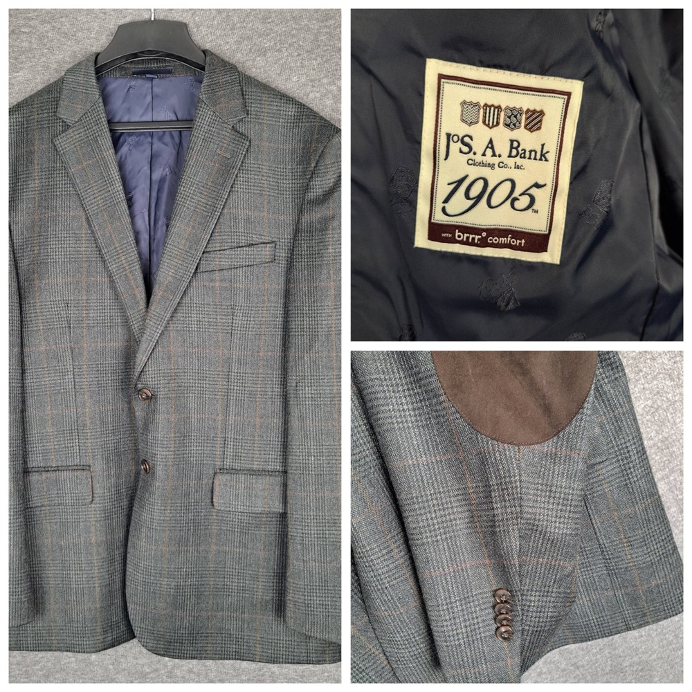 Jos. A. Bank Sport Coat Mens 44R Grey Plaid Wool Blend Elbow Patches 1905